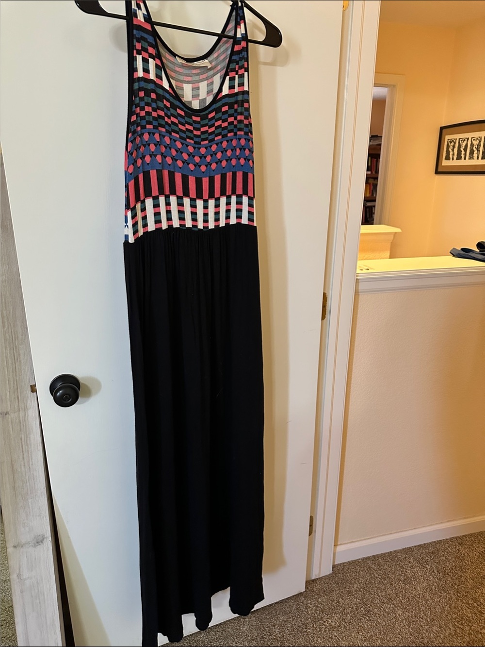 Black Maxi Dress with Multicolor Patterned Bodice